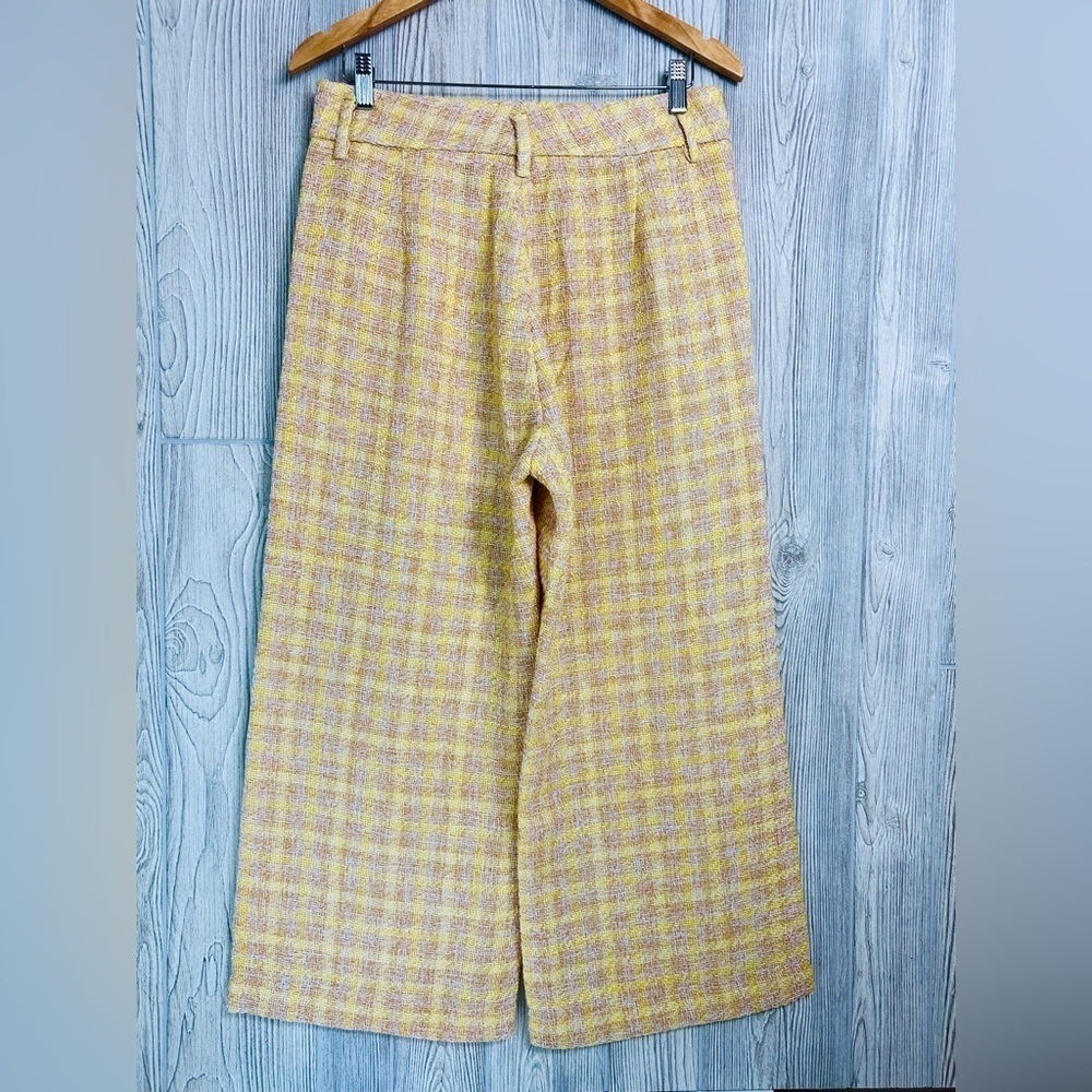 ZARA TWEED TROUSER Cropped Pants Wide Leg Culottes Large Womens Knit Yellow - Picture 7 of 15